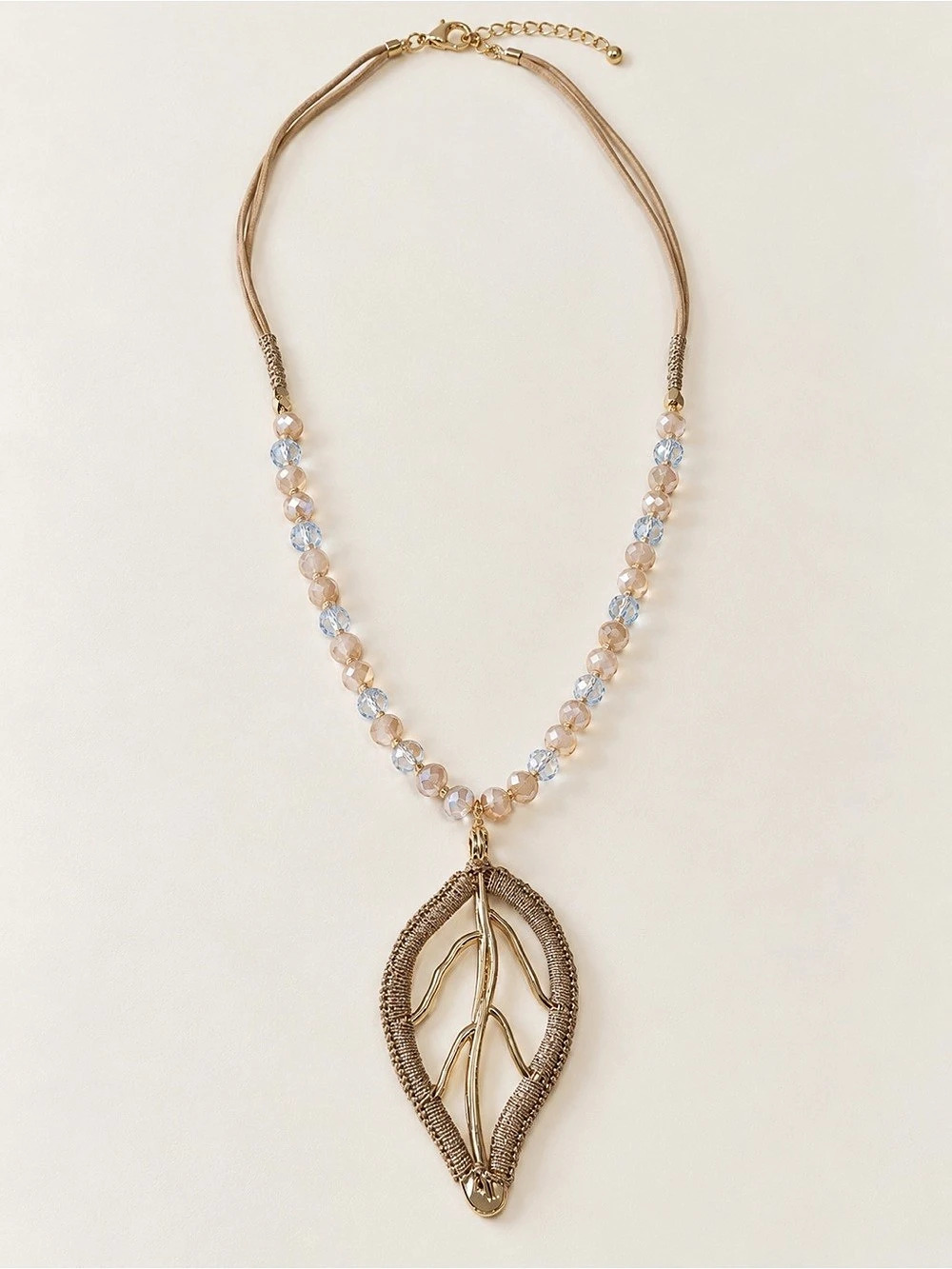 Gold-Tone Leaf Pendant Necklace with Champagne & Pale Blue Beads